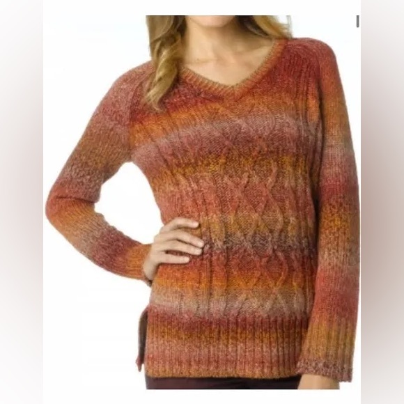 Prana Long Sleeve V Neck Cable Knit Orange Rust Sweater Women’s Size S - Picture 1 of 16